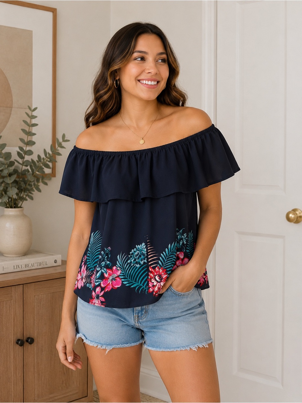 stradivarius Navy Off-Shoulder Floral Ruffle Crop Top